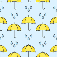 Wall Mural - Yellow umbrellas and blue raindrops on soft pastel background. Vector seamless pattern.