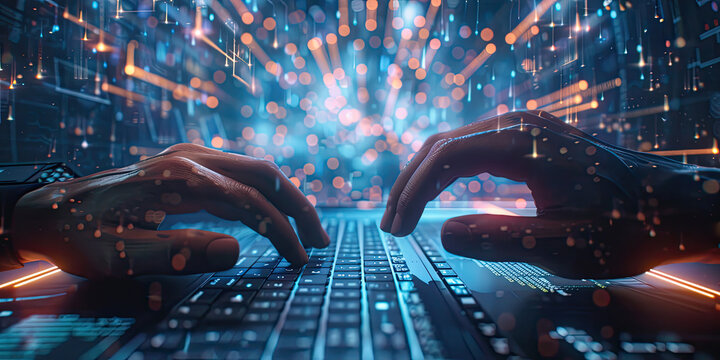 hands of IT professional typing on the keyboard with Abstract futuristic cyberspace with binary code design, big data connection technology concept