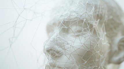 3D illustration of hollow net of neural connections on the shape of a simplified head against white background.
