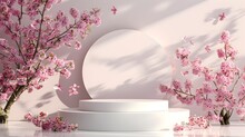 Minimalist Podium With Cherry Blossoms And Pink Butterflies