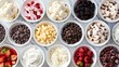 Ice cream toppings galore, a treasure trove of choices, from chocolate chips to fresh fruit.