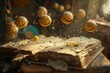 A surreal scene of miniature smileys floating above a frayed, antique book, with each character casting a tiny shadow on the pages, creating a magical atmosphere of light and texture.
