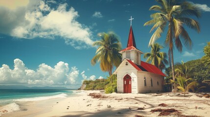 Wall Mural - A small white church on a beach with palm trees and water, AI