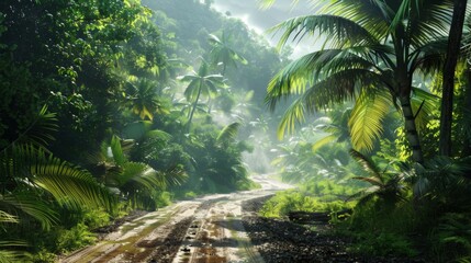 Poster - A dirt road in the middle of a tropical jungle with trees, AI