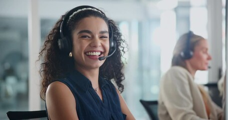 Canvas Print - Business woman, face and call center for customer support, communication and service with e commerce FAQ. Happy worker, agent or Mexican consultant laughing in virtual chat, helping and contact us