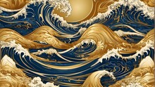 Waves Of The Golden Ocean In A Vector Design. Japanese-style Backdrop, Abstract Art Sea, And Water Embellishment. Gorgeous Banner Featuring A Landscape Image And An Opulent Shape.