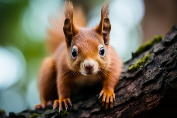 Wall Mural - A squirrel perched on a tree branch, holding a walnut and looking surprised.