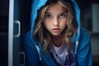 Portrait of a cute little girl in a blue hoodie.