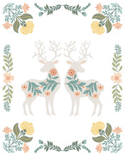 Postcard Or Poster Made From Folk Art Elements. Folk Vector Illustration With Flowers And Deer On A White Background. Hand Drawn Folk Flowers. Scandinavian Traditional Motif