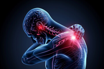 medical illustration of a man with highlighted neck and shoulder pain suitable for healthcare uses.