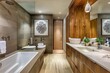 © Oleh - Modern bathroom interior. Interior of a modern bathroom with wooden walls and floor. Interior of a modern bathroom in a luxury house.