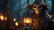 Halloween concept. The skeleton in a dark cloak with a lantern. Grim Reaper's Lantern