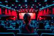 © ivlianna - A person attending a film festival and watching a movie premiere. A woman is enjoying a movie in a magenta auditorium filled with a lively crowd