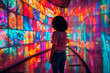 © ivlianna - A person exploring an interactive art installation at a museum. A woman stands in front of a vibrant wall of colorful lights