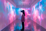 Fototapeta  - A person exploring a virtual reality art installation at an art gallery. a woman is wearing a virtual reality headset in a museum