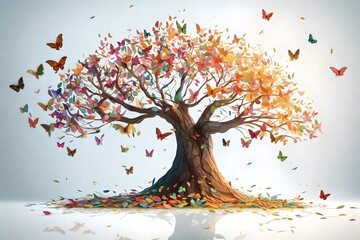 Butterfly tree on the white background, Colorful Tree, Decorative Tree Art, 3d abstract Colorful tree with leaves on hanging branches illustration background