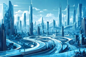 Poster - Future technology city architectural scene illustration, blue city skyline concept illustration