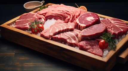 Wall Mural - Raw fresh meat with ice on a wooden tray for dinner concept.