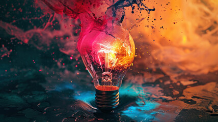 Wall Mural - Creative concept light bulb broken explodes with colorful powder colors on a light dark background