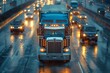 Blue Semi Truck Driving on Rain-Soaked Street