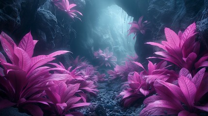 Group of Pink Plants in Cave