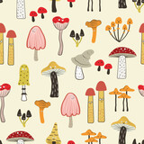 Fototapeta Dinusie - Cartoon mushrooms with eyes seamless pattern. Funny print with characters