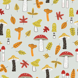 Fototapeta  - Cartoon mushrooms with eyes and autumn leaves seamless pattern. Funny print with forest characters