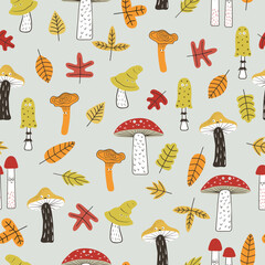 Wall Mural - Cartoon mushrooms with eyes and autumn leaves seamless pattern. Funny print with forest characters