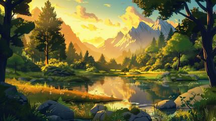Wall Mural - A lush forest in golden light of sunset, with rugged mountains rising in the background and a meandering river reflecting the warm hues of the sky, cartoon scene