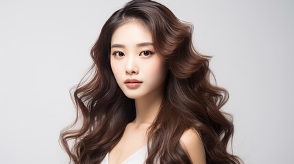 Wall Mural - Beautiful Korean girl with long curly hair on a white background. Advertising concept for Korean cosmetics and hair care products, shampoos and hair conditioners.