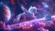 Majestic horse with wings soaring through a galaxy filled with stars and planets low poly pastel color