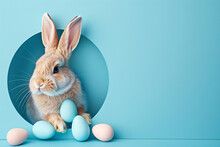 Adorable Easter bunny rabbit pet peeping out from the hole with Easter egg on blue background