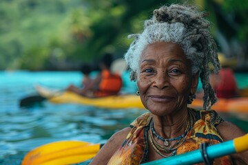 Elderly Woman With Grey Hair Sitting in a Kayak