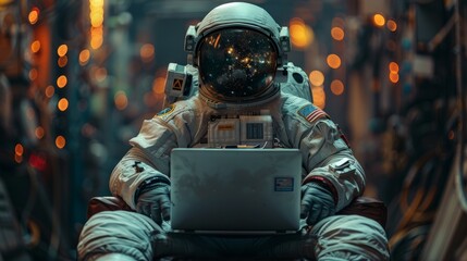 Astronaut in Space Suit Using Laptop