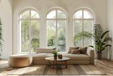 Fototapeta  - Mid-century style interior design of a modern living room featuring a beige sofa and pouf positioned near a round coffee table against arched windows.