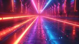 Fototapeta Przestrzenne - Person Walking Through Neon-Lit Tunnel