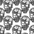 Vector seamless pattern: black skulls hand drawn by gothic letters ornament on white. Design for textile, fabric, wallpaper, wrapping paper. Halloween decor.
