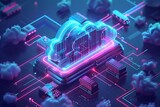 Fototapeta Perspektywa 3d - Cloud Computing. 3d isometric illustration of an abstract cloud on top of the main chip, surrounded by other digital elements such as icons and circuit line, network technology concept