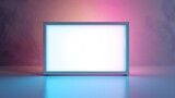 Fototapeta Perspektywa 3d - mockup of an empty light box with neon lighting, copy space for your text message or media content, advertisement, commercial and marketing concept
