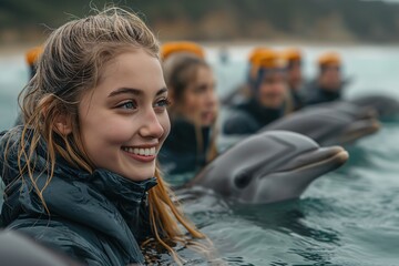 The joy and playfulness captured as a tourist interacts with a group of friendly dolphins. 