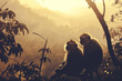 Silhouette of two monkeys bonding at golden hour, suitable for nature themes.