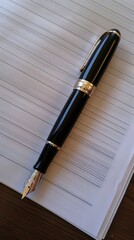 A sleek black fountain pen on a stack of crisp