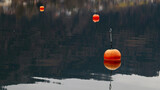 Fototapeta  - Czerwone, pomarańczowe, jaskrawe boje unoszą sie na tafli górskiego jeziora.