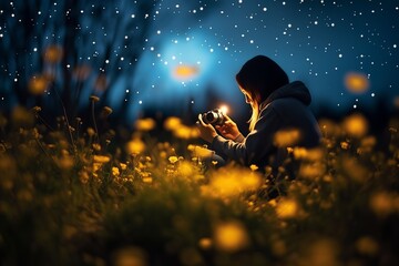 Wall Mural - Capture the magic of springtime stargazing with a bokeh background of twinkling stars against a velvety night sky. 
