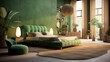 a green bedroom with furniture that captures the essence of both ocean waves and flowing lava, using organic shapes and fiery hues to achieve a balanced and calming environment , Attractive look