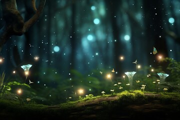 Wall Mural - Create a sense of wonder with a bokeh background of fireflies dancing in a moonlit forest. 