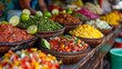 An array of fresh, colorful salsas and chopped ingredients on display at a market, inviting with its vibrant and appetizing array.