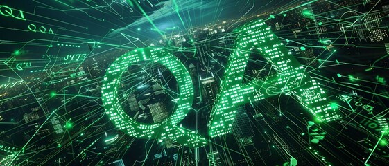 Digital green matrix binary code forms the acronym QA , symbolizing the concept of Quality Assurance.
