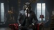 A werewolf  is dressed in a modern business suit in a living room with a gothic interior