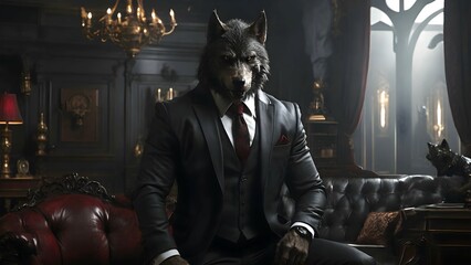 A werewolf with a wolf's head and a man's body is dressed in a modern business suit with a tie in a living room with a gothic interior